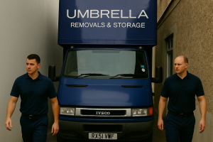Umbrella Removals van navigating a narrow London alley during a house move.