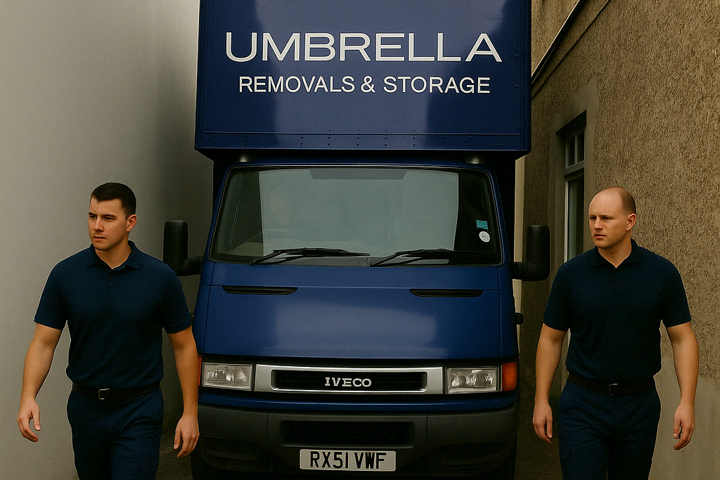 Umbrella Removals van navigating a narrow London alley during a house move.