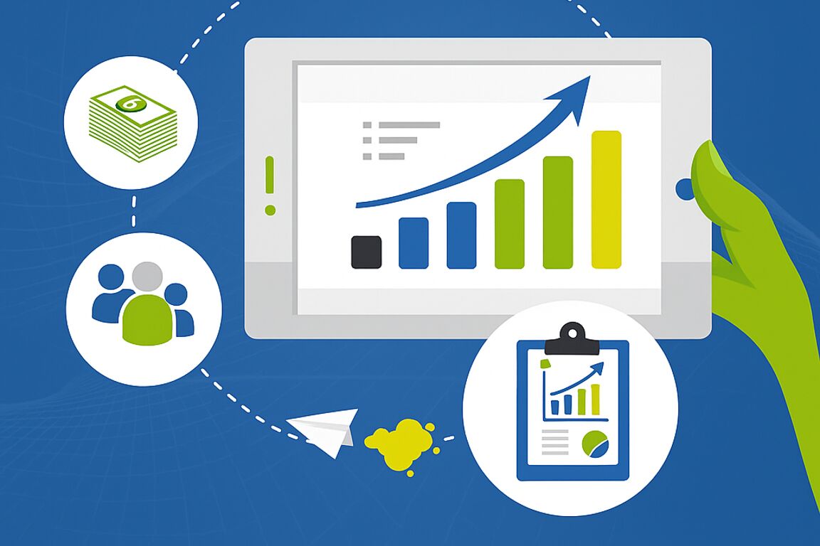 Tablet showing growth chart with icons for money, people, and reports