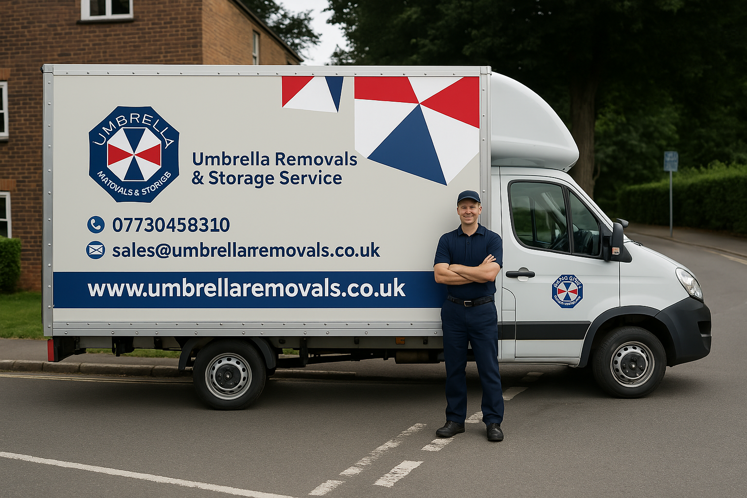 A professional Umbrella Removals & Storage mover in a navy uniform stands beside a branded white van on a residential London street.
