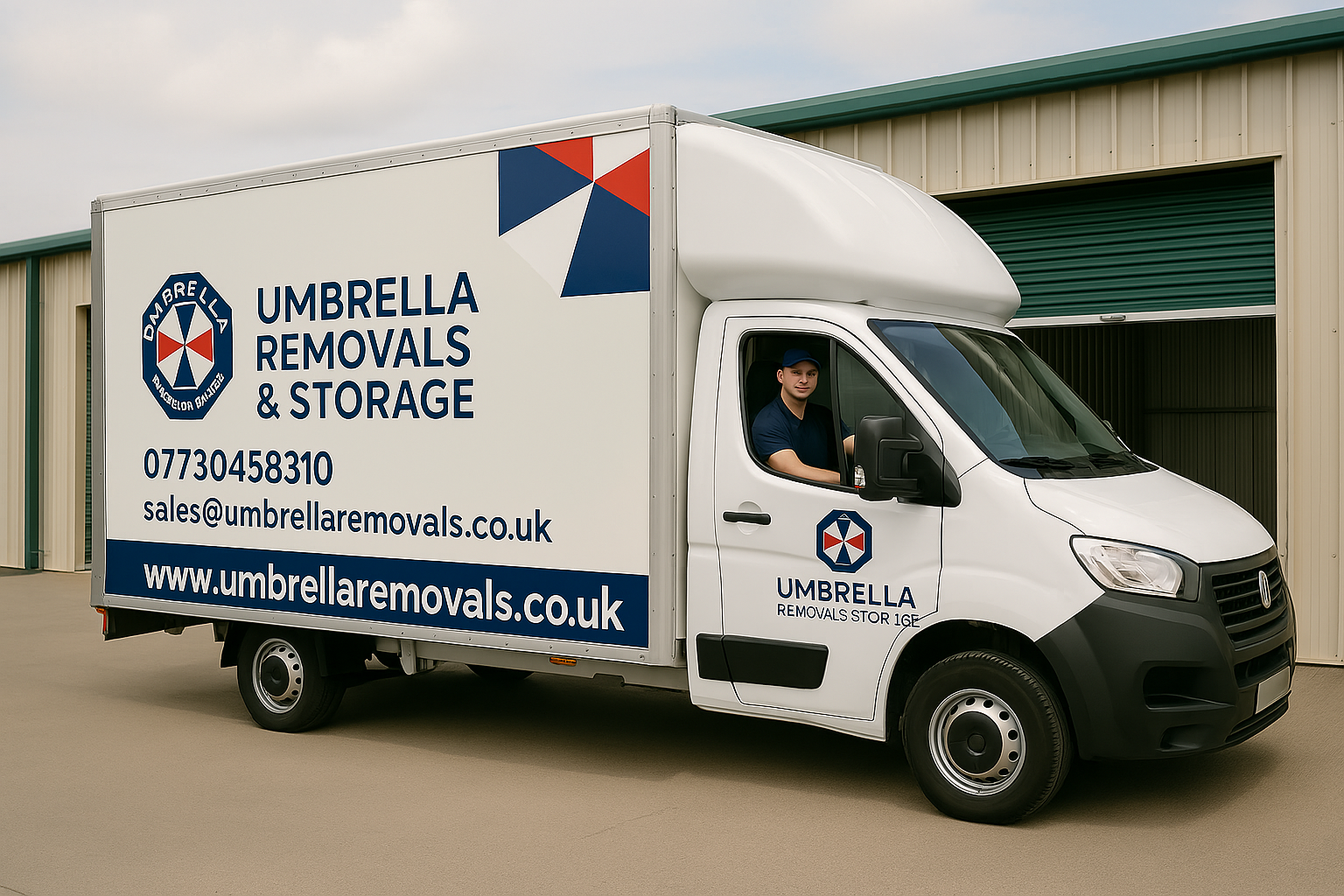 A branded Umbrella Removals & Storage van parked outside a secure storage facility with two uniformed movers nearby.