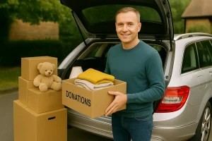 A man smiling while loading donation boxes into a silver Mercedes estate car, including clothes and a teddy bear.